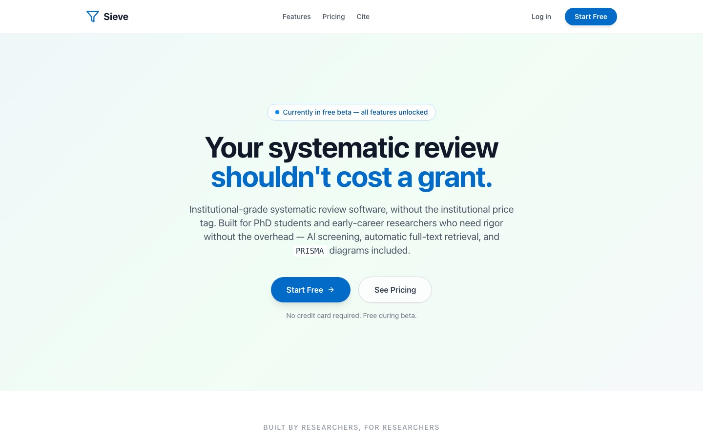 Sieve systematic review platform landing page